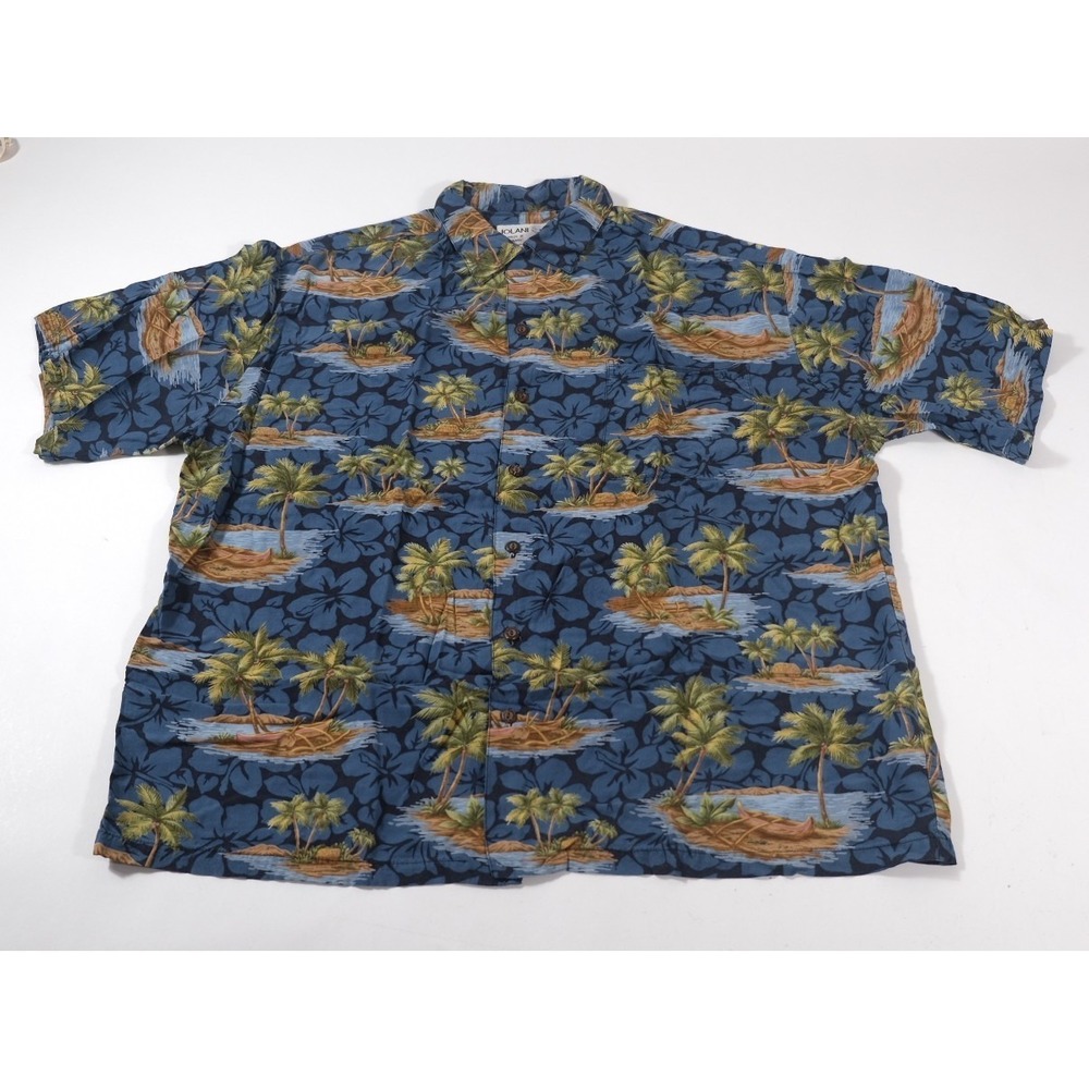 Iolani Shirt Mens XL Blue Tropical Island Palm Aloha 80s Vintage Rayon Hawaii